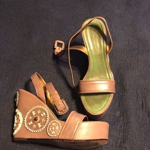 BCBG ankle wrap embellished wedge sandals